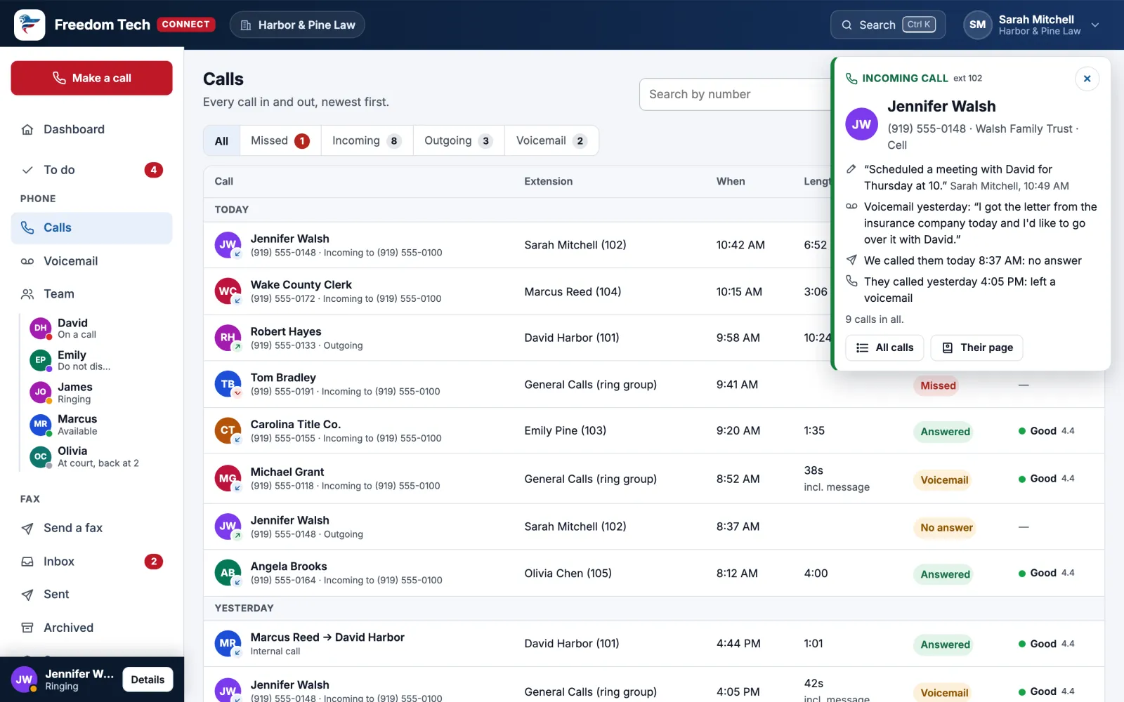 Freedom Tech Connect showing an incoming call card with the caller’s recent calls, voicemail and notes
