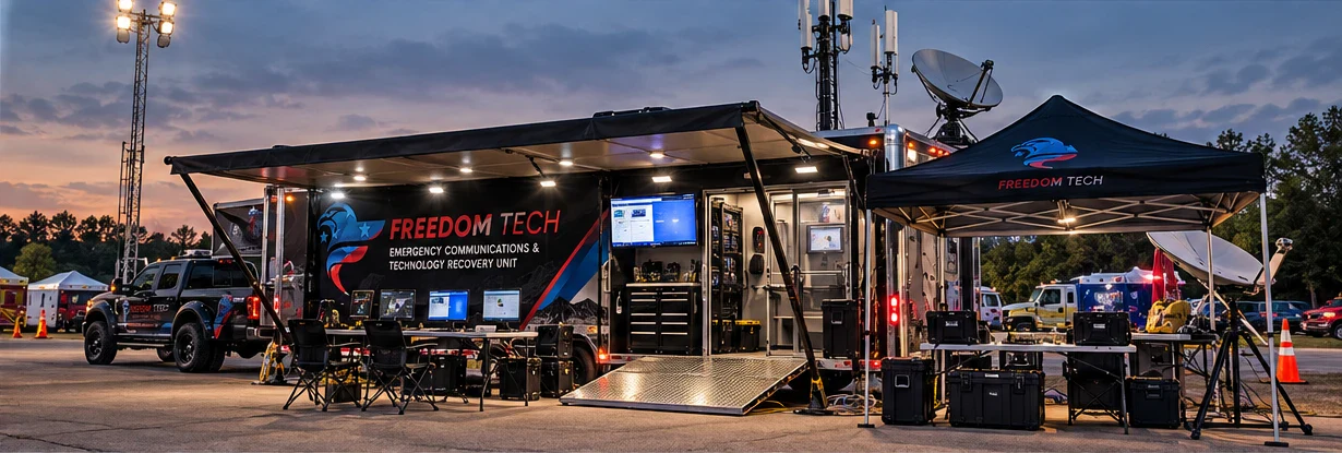 Unit deployed at dusk with the awning out, a loading ramp, workstations, a satellite dish and a support tent
