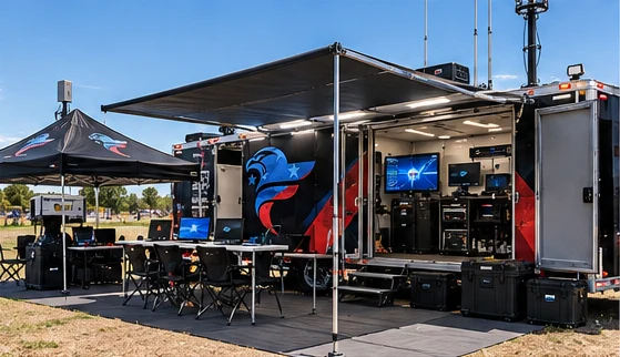 Trailer side door open under the awning with field workstations and a support tent in daylight
