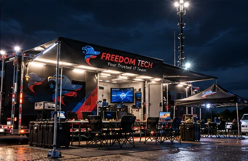 Unit operating at night under light towers with the awning and support tent set up