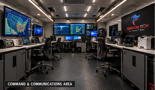Command and communications area with wall displays and workstations