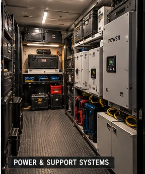 Power and support systems bay with battery and power units