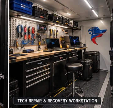 Technology repair and recovery workstation with tools and laptops