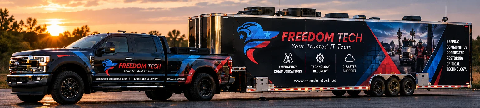 Response truck and communications trailer parked at sunset, wrapped with emergency communications, technology recovery and disaster support graphics