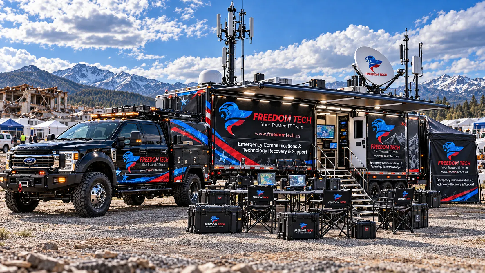 Freedom Tech response truck and mobile communications trailer deployed with satellite dish, antenna masts and an awning workspace