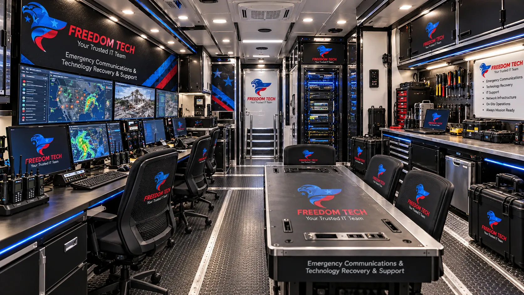 Inside the communications trailer: monitoring workstations, radios, a server rack, a planning table and a repair bench