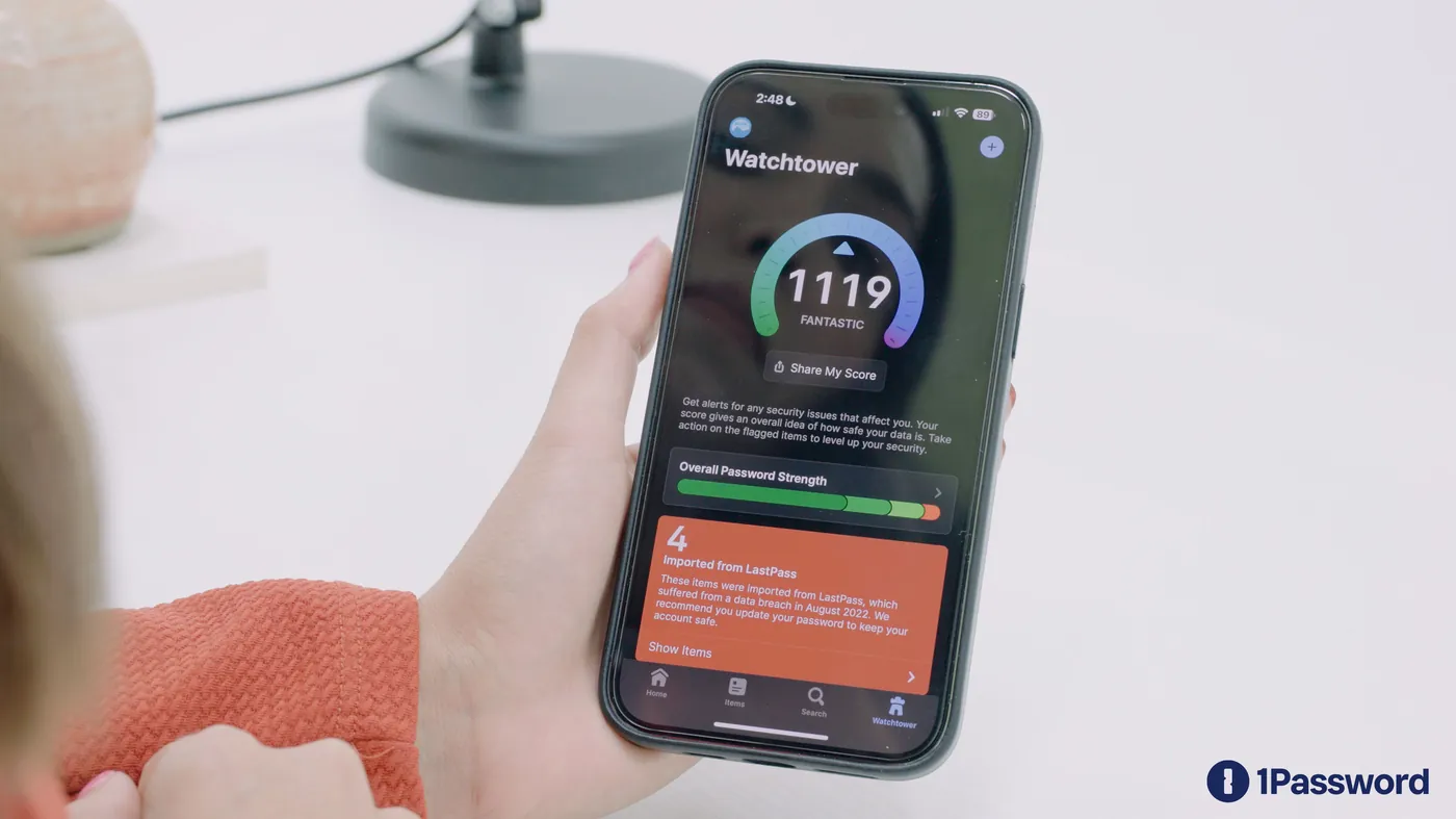 1Password Watchtower security score on a phone
