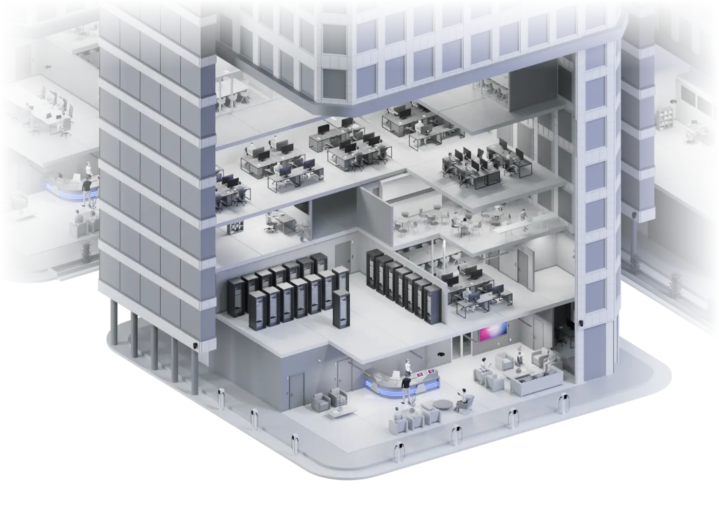 Cutaway of a building showing a network on every floor