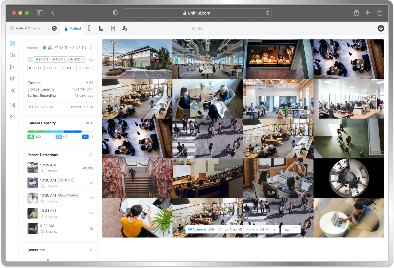UniFi Protect showing a grid of live camera views for an office
