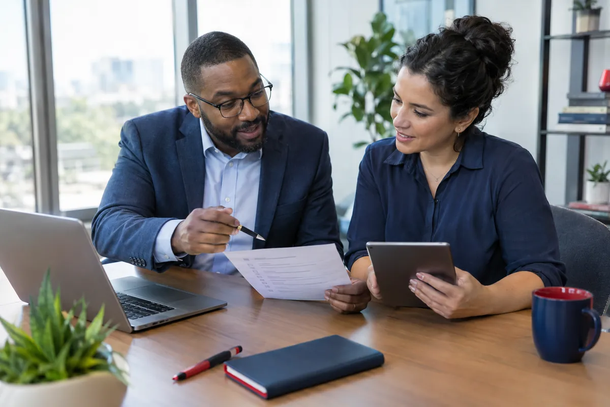 Two staff members reviewing a plan together on paper and a tablet