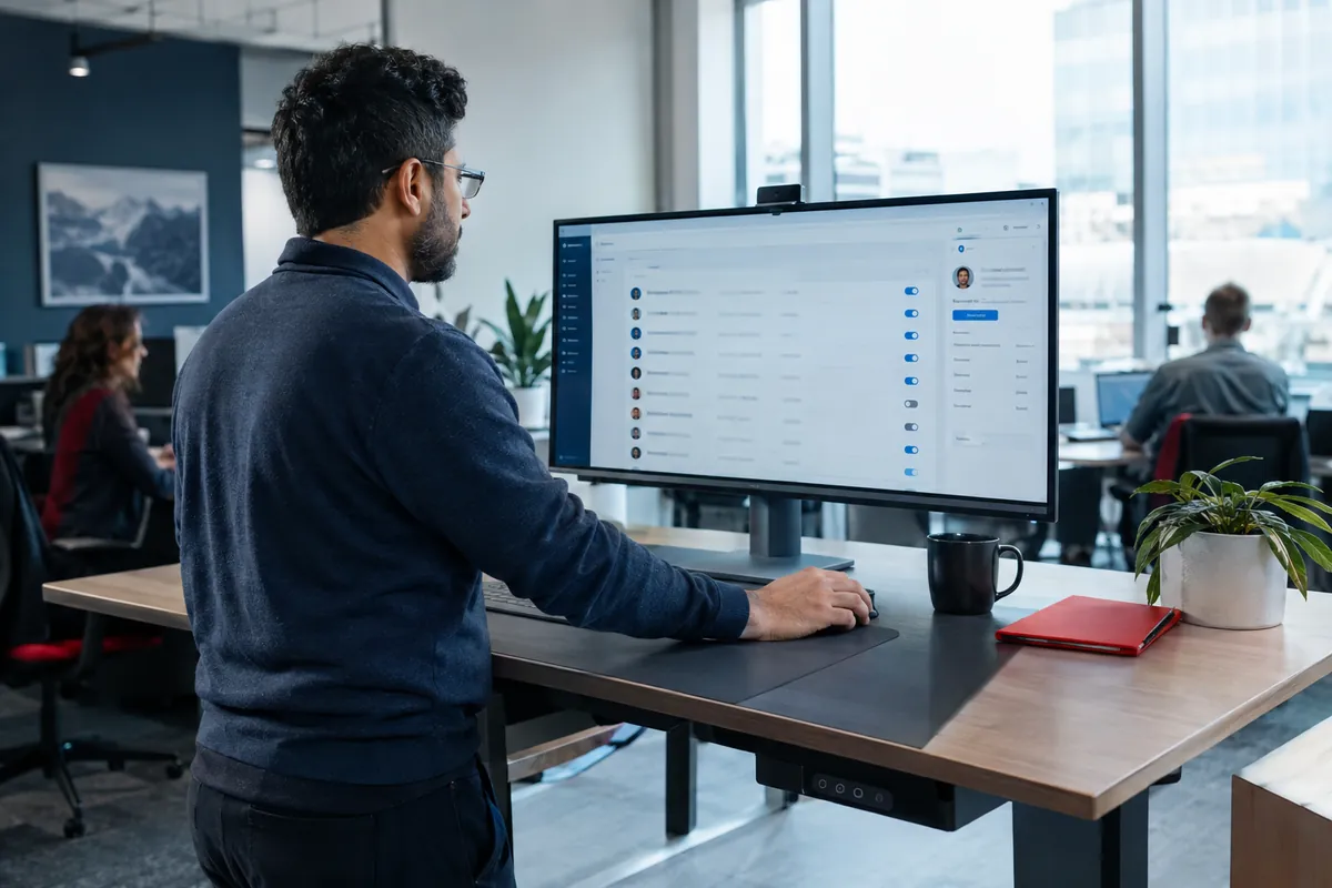 Employee checking account settings at a standing desk