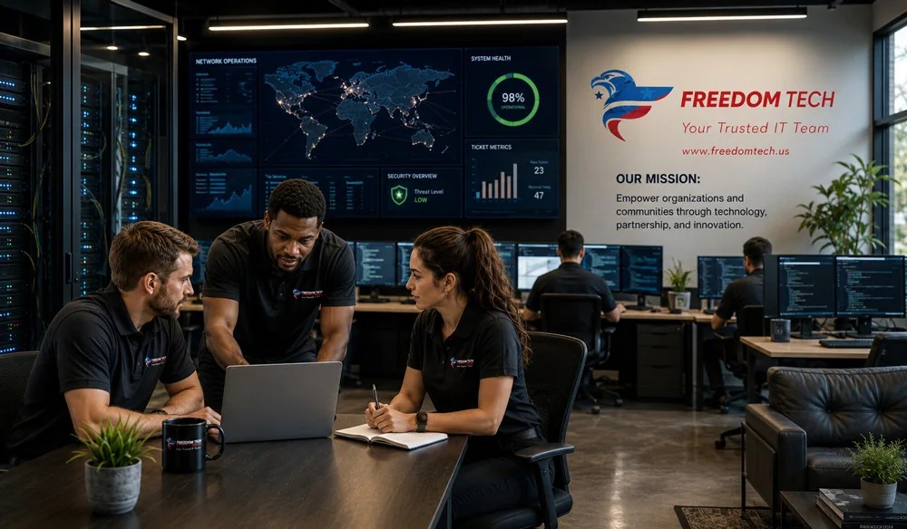 Freedom Tech team gathered around a laptop in a working session