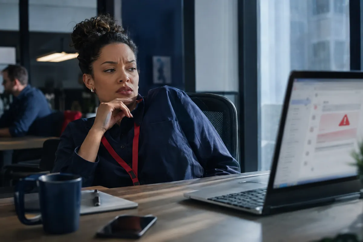 Employee pausing to check a suspicious warning on her laptop