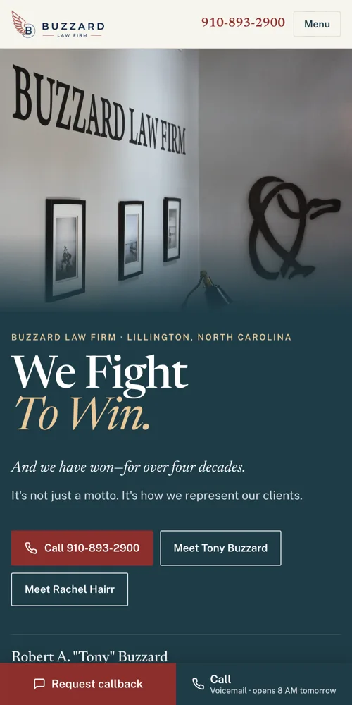 The Buzzard Law Firm homepage on a phone